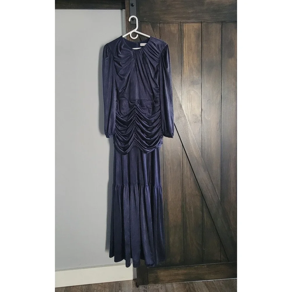 Dress The Population Blue Satin Maxi Dress Ruched Long Sleeve Formal Gown XL NEW - Picture 6 of 11